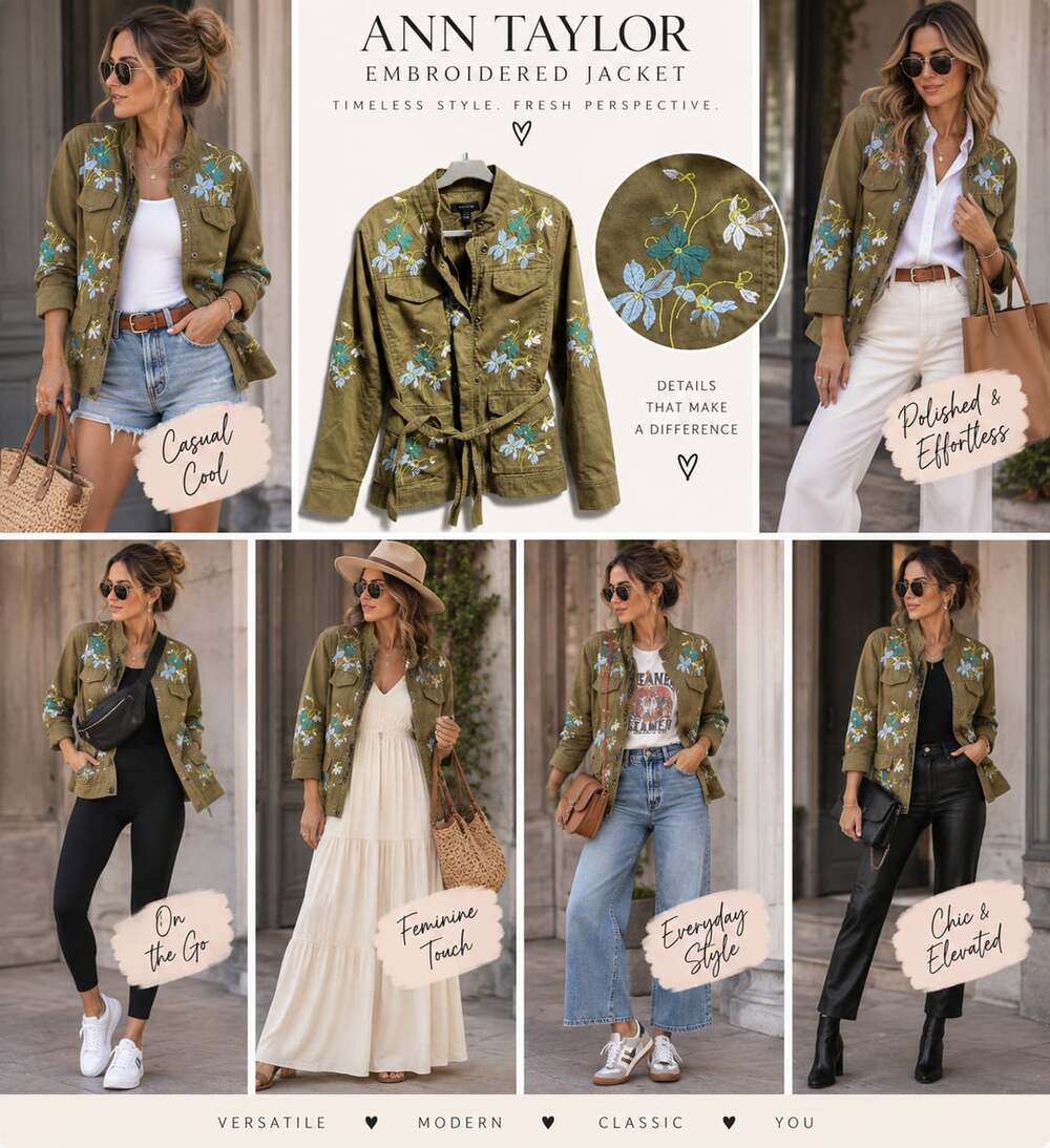 509 Ann Taylor Olive Green Floral Embroidered Utility Jacket with Belt
